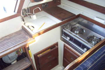 Catalina 25 Galley with Dinette Interior, Swing Keel Winch Below 